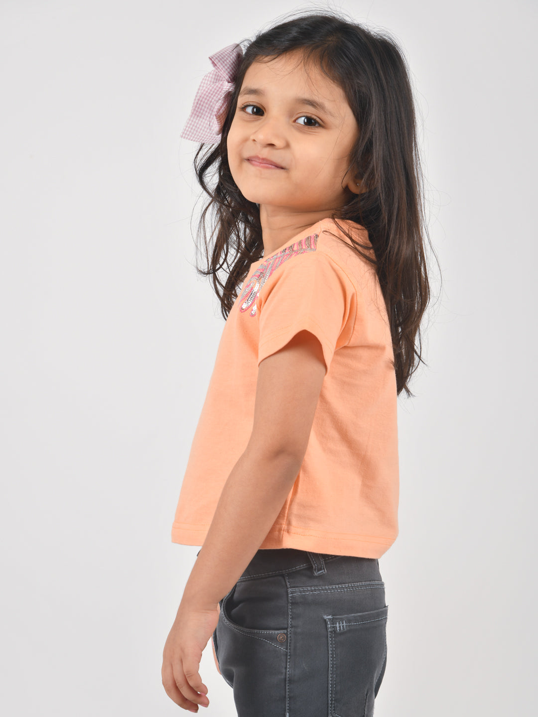 Girls Peach Embroidered T-shirt