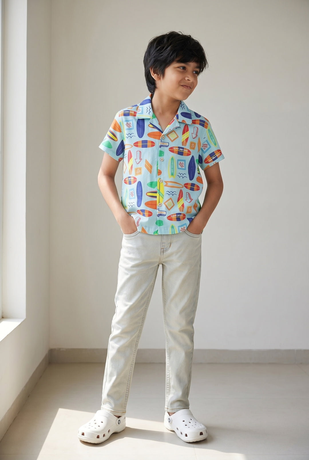 Boys Cotton Green Printed Shirt With Beige Denim Jeans Clothing Set