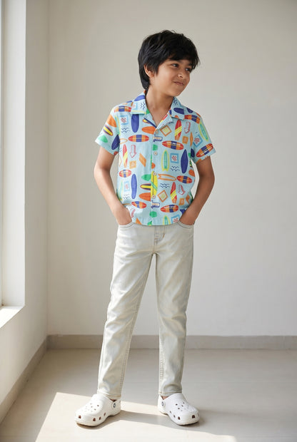 Boys Cotton Green Printed Shirt With Beige Denim Jeans Clothing Set