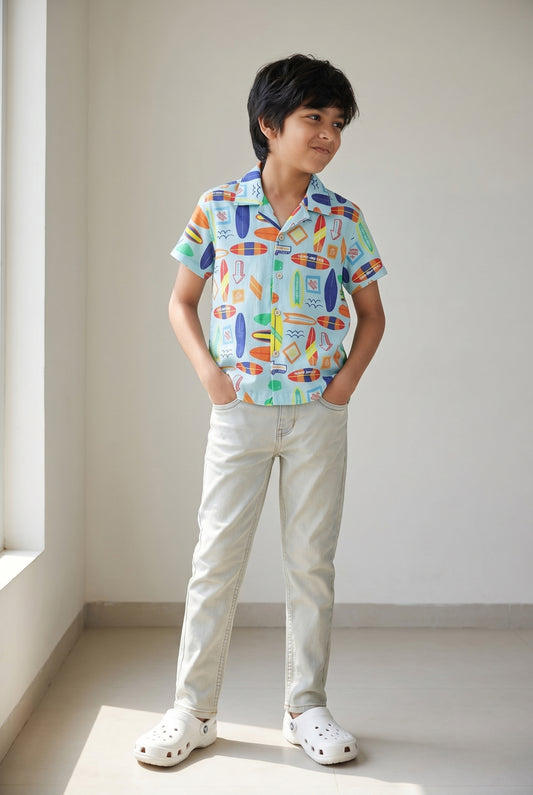 Boys Cotton Green Printed Shirt With Beige Denim Jeans Clothing Set