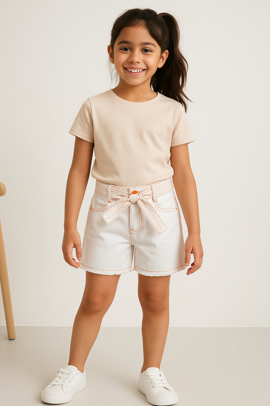 Girls White Cotton Solid Shorts