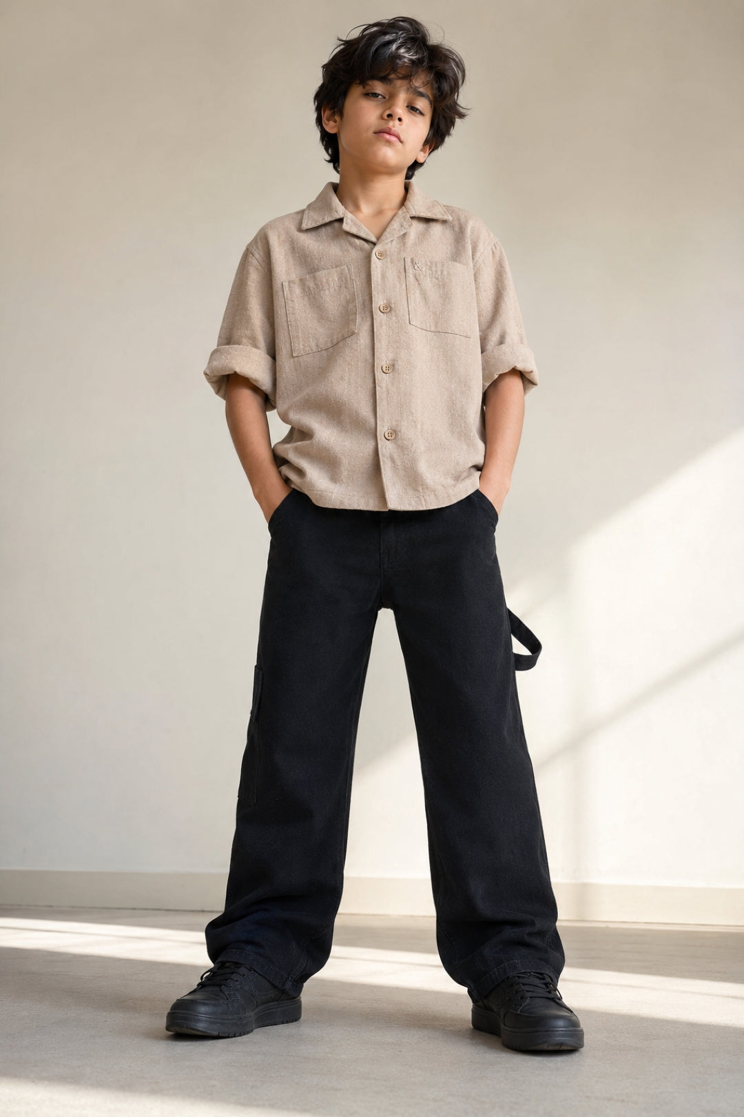 Boys Cotton Beige Shirt With Black Denim Jeans Clothing Set