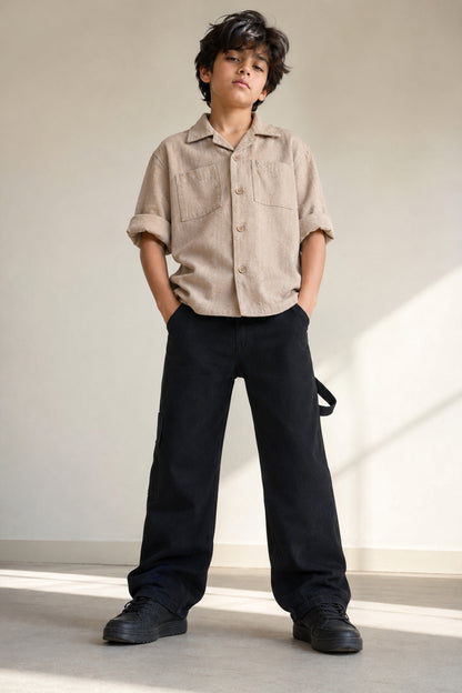 Boys Cotton Beige Shirt With Black Denim Jeans Clothing Set