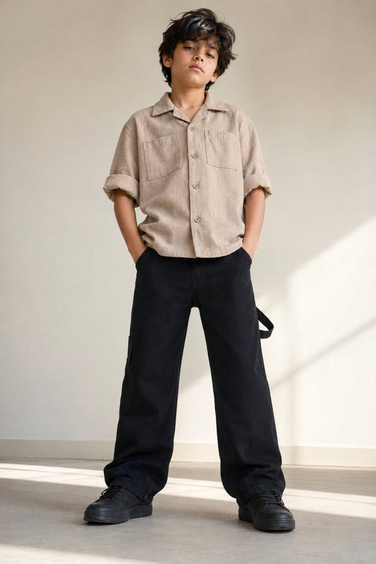 Boys Cotton Beige Shirt With Black Denim Jeans Clothing Set