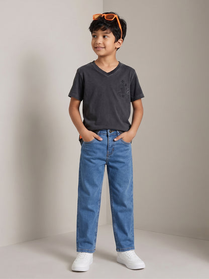 Boys Cotton Charcoal T-Shirt With Blue Denim Washed Straight Fit Jeans