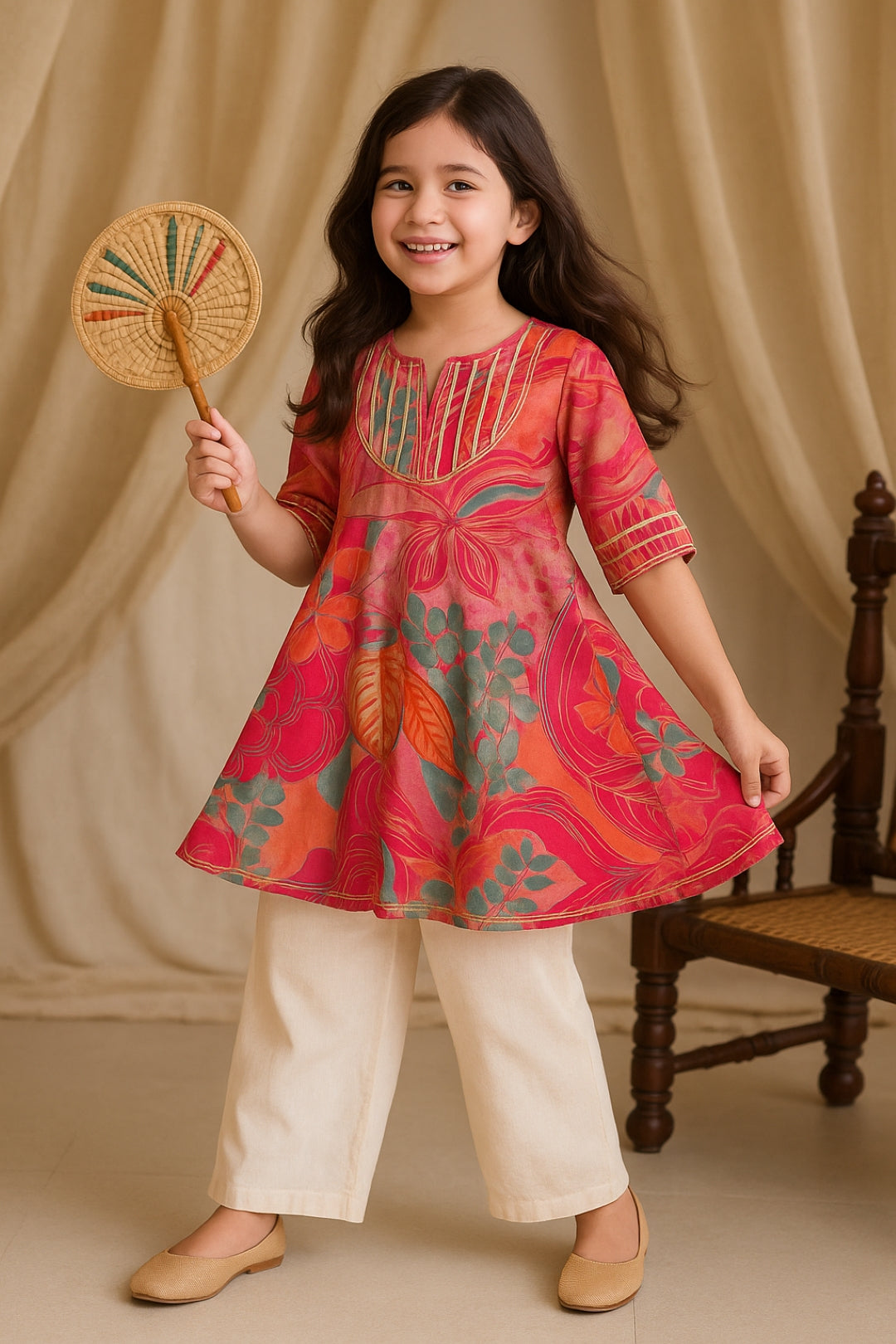 Girls Pink Ethnic Printed Viscose Kurta Set