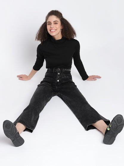 Womens Black Denim Wide Leg  Stretchable Jeans
