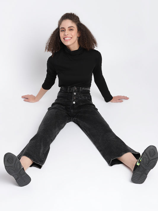 Womens Black Denim Wide Leg  Stretchable Jeans