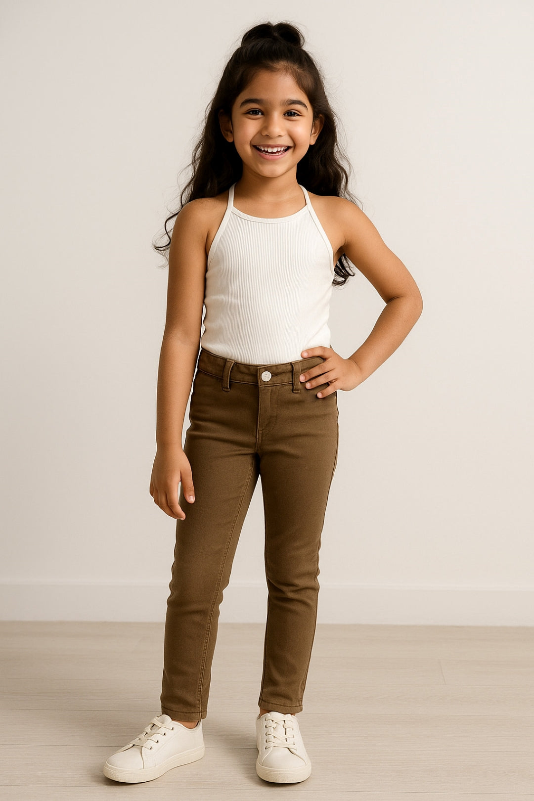 Girls Brown Slim Fit Solid Trouser