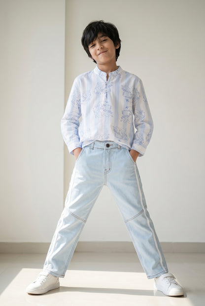 Boys Blue Cotton Shirt With Blue Denim Jeans Clothing Set