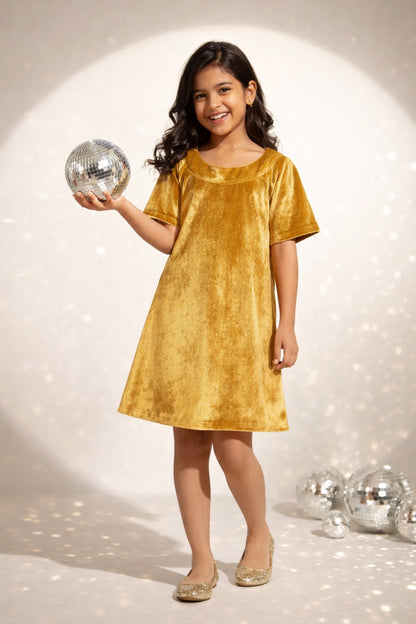 Girls Golden Half Sleeve Bodycon Fit Solid Dress