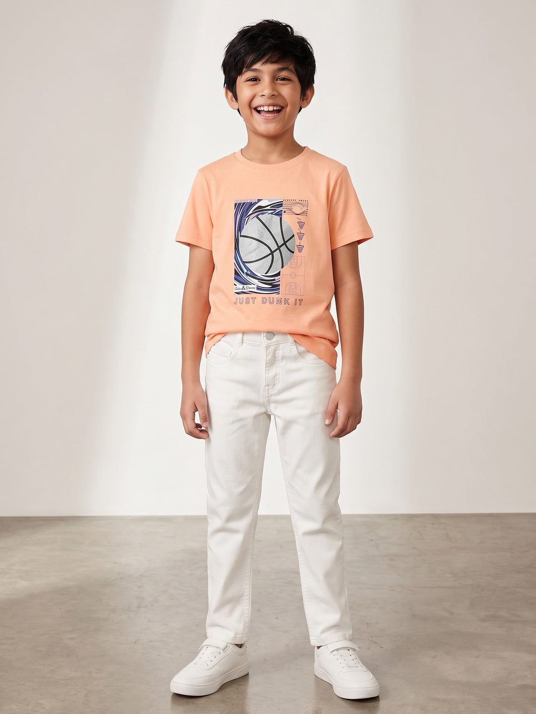 Boys Cotton Peach T-Shirt With White Denim Washed Slim Fit Jeans