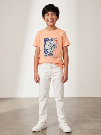 Boys Cotton Peach T-Shirt With White Denim Washed Slim Fit Jeans