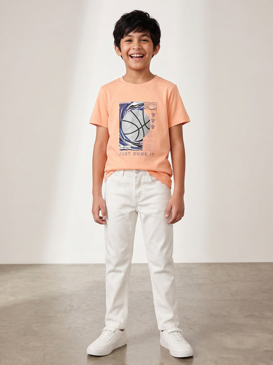 Boys Cotton Peach T-Shirt With White Denim Washed Slim Fit Jeans