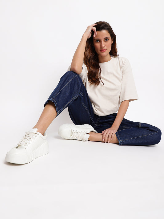 Womens Denim Solid Dark Blue Slouchy Fit Jeans