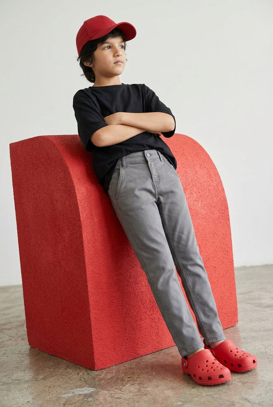 Boys Grey Slim Fit Cotton Solid Trouser
