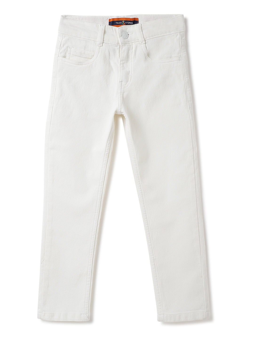 Boys Cotton Peach T-Shirt With White Denim Washed Slim Fit Jeans