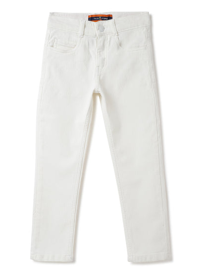 Boys Cotton Peach T-Shirt With White Denim Washed Slim Fit Jeans