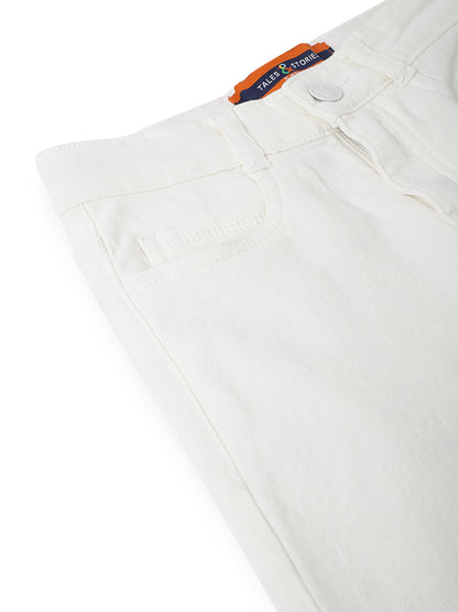 Boys Cotton Peach T-Shirt With White Denim Washed Slim Fit Jeans