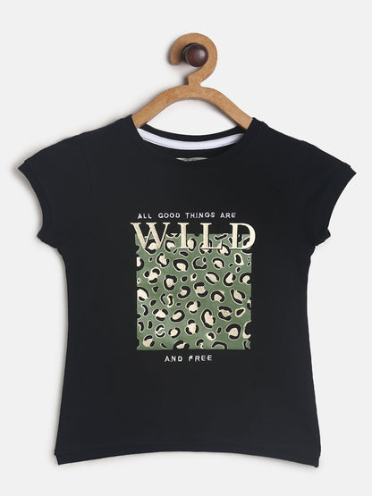 Girls Black Printed  T-Shirt