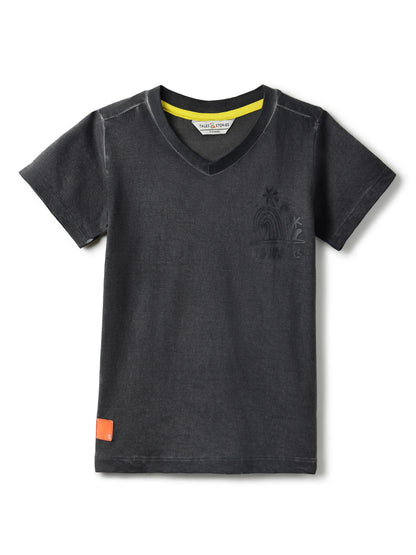 Boys Cotton Charcoal T-Shirt With White Lycra Denim Solid Relaxed Fit Jeans