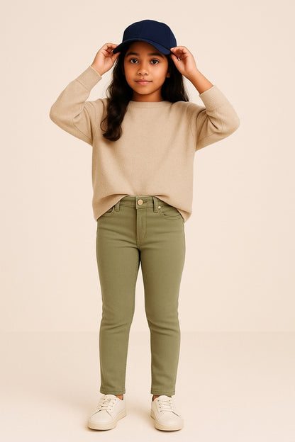Girls Slim Fit Olive Jeans