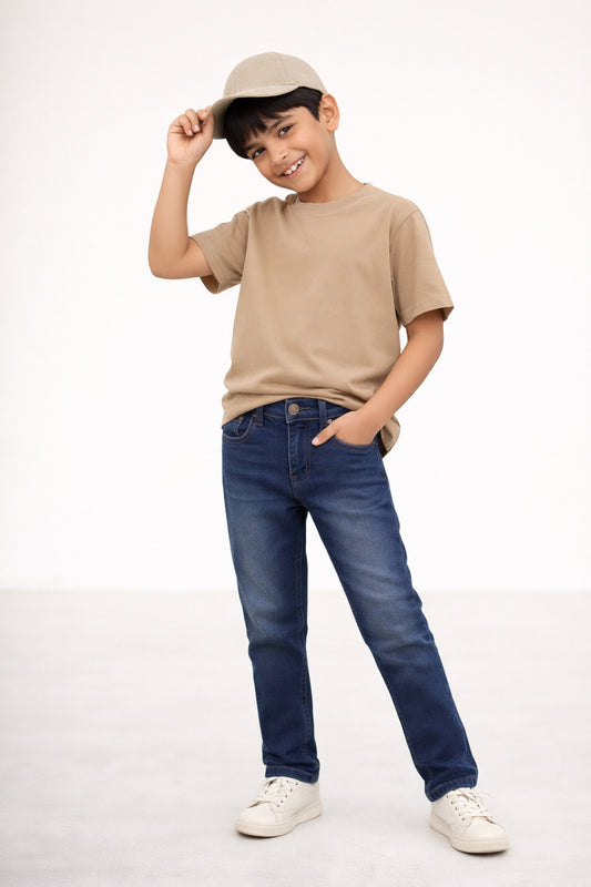 Boys Mid Blue Whisker Slim Fit Stretchable Denim Jeans