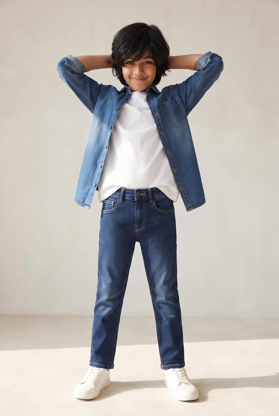 Boys Mid Blue Whisker Slim Fit Stretchable Denim Jeans