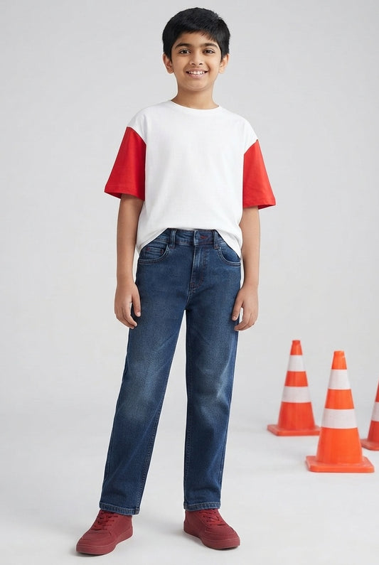 BOYS MID BLUE WHISKERED CASUAL JEANS