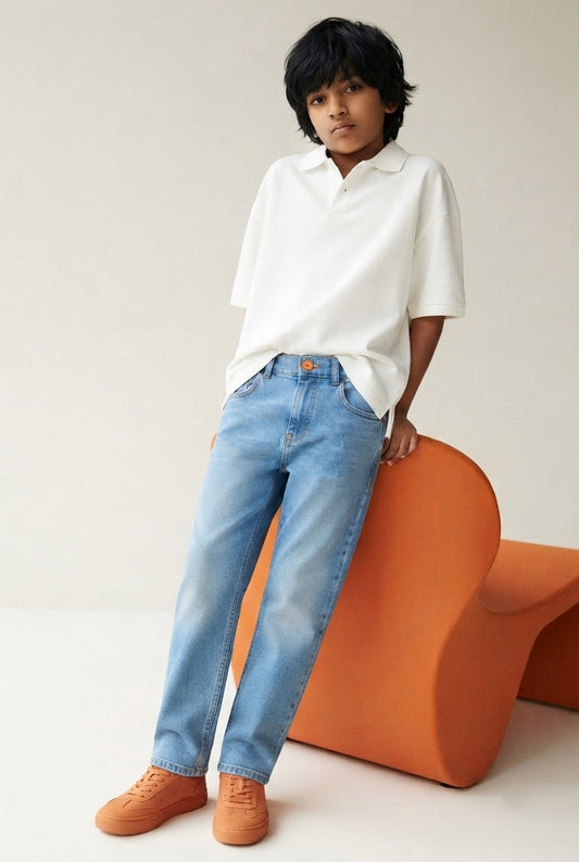 Boys Light Blue Whiskered Denim Slim Fit Jeans