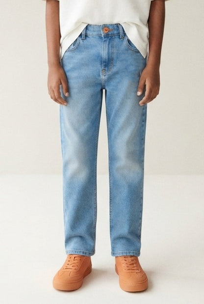 Boys Light Blue Whiskered Denim Slim Fit Jeans