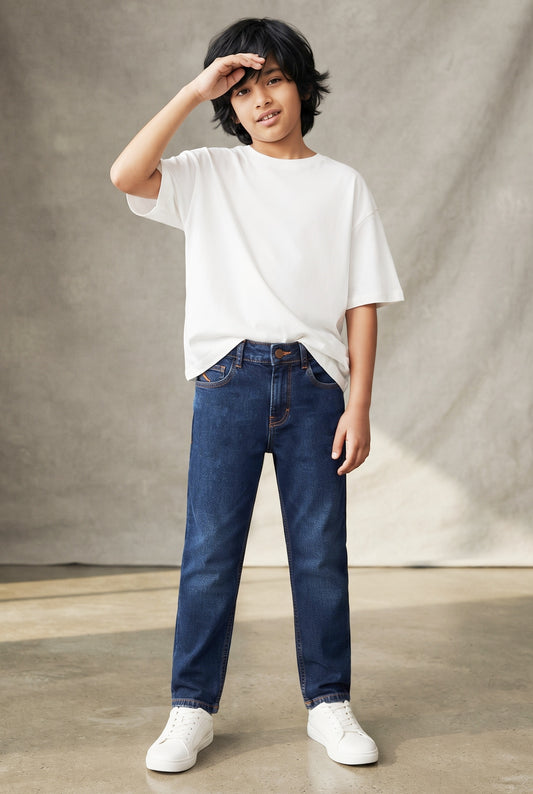 Boys Dark Blue Cotton Slim Fit Jeans
