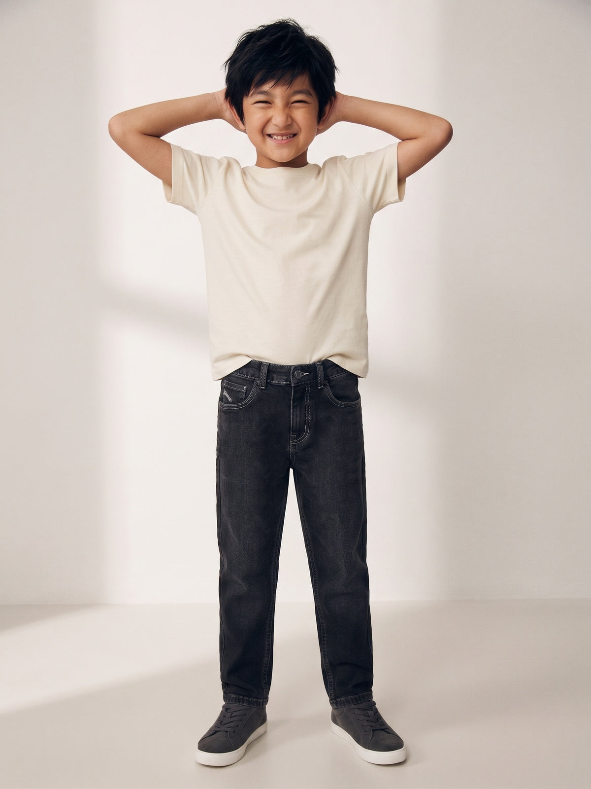 Boys Denim Lycra Dark Grey Washed Jeans