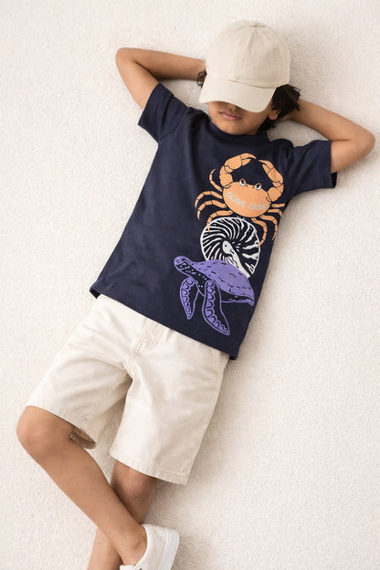 Boys Cotton Navy Blue Printed T-Shirt