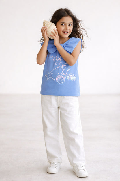 Girls Blue Embroidered Crop Top
