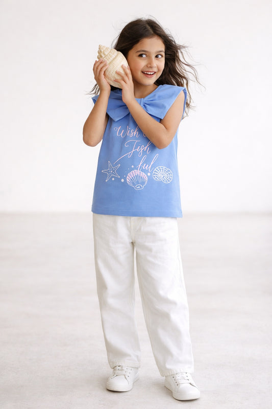 Girls Blue Embroidered Crop Top