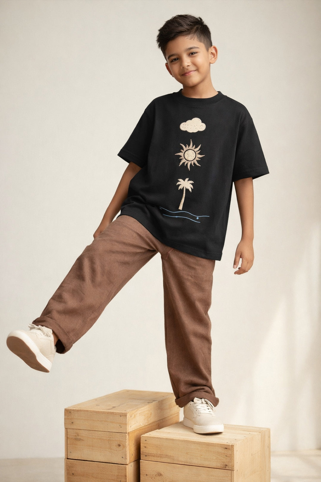 Boys Black Embroidered Oversized Fit T-Shirt