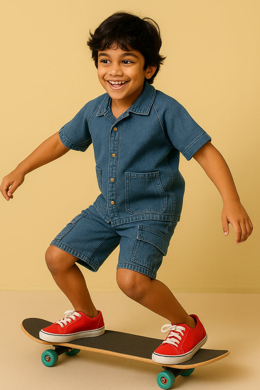 Boys Cotton Denim Look Blue Shirt & Shorts Co-Ord Set