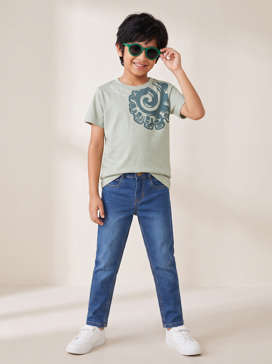 Boys Cotton Printed Grey T-Shirt With Blue Denim Washed Slim Fit Jeans