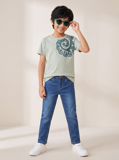 Boys Cotton Printed Grey T-Shirt With Blue Denim Washed Slim Fit Jeans