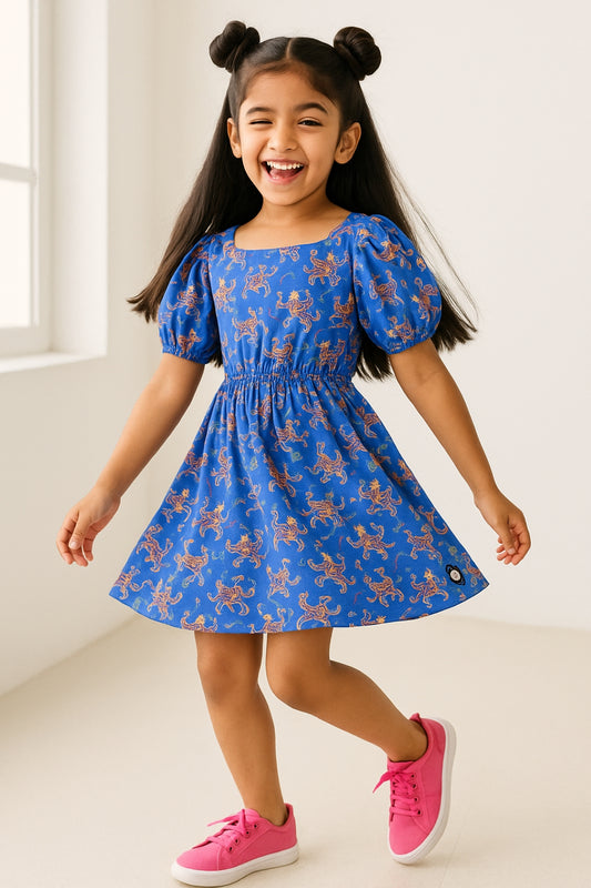 Girls Blue Floral Printed Dress