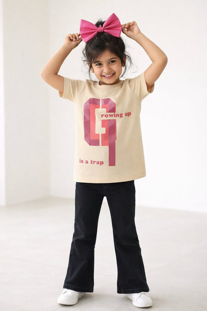Girls Beige Cotton Printed T-Shirt
