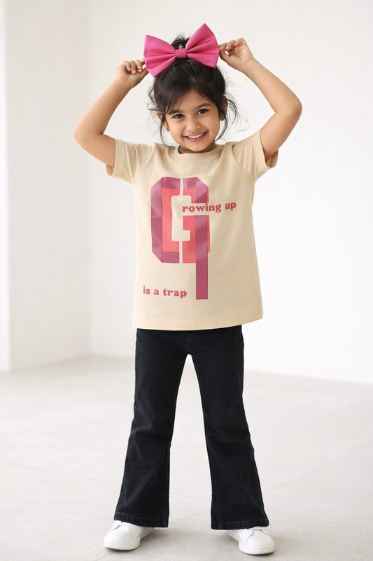 Girls Beige Cotton Printed T-Shirt