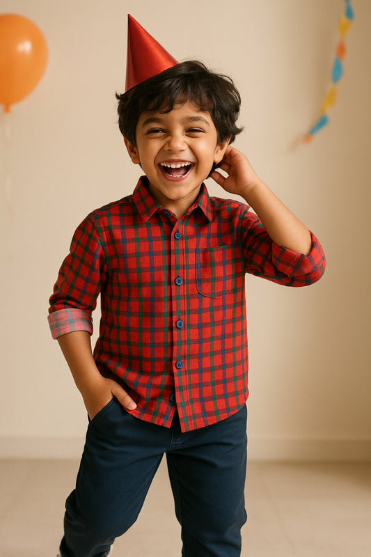 Boys Red Checked Cotton Shirt