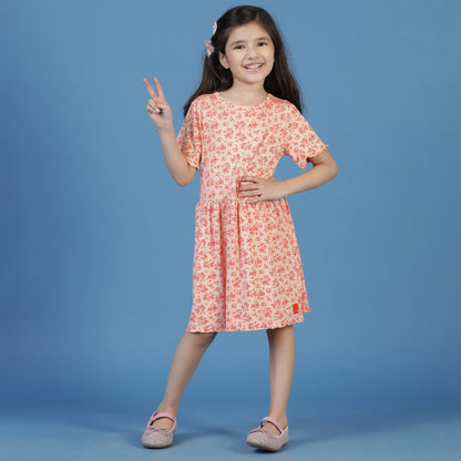 Girls Peach Floral A-Line Dress