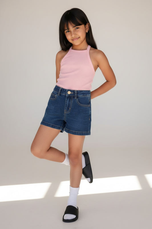 Girls Dark Blue Washed Lycra Regular Fit Above Knee Shorts