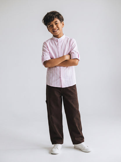 Boys Cotton Purple Stripes Shirt With Brown Cotton Solid Relaxed Fit Trouser