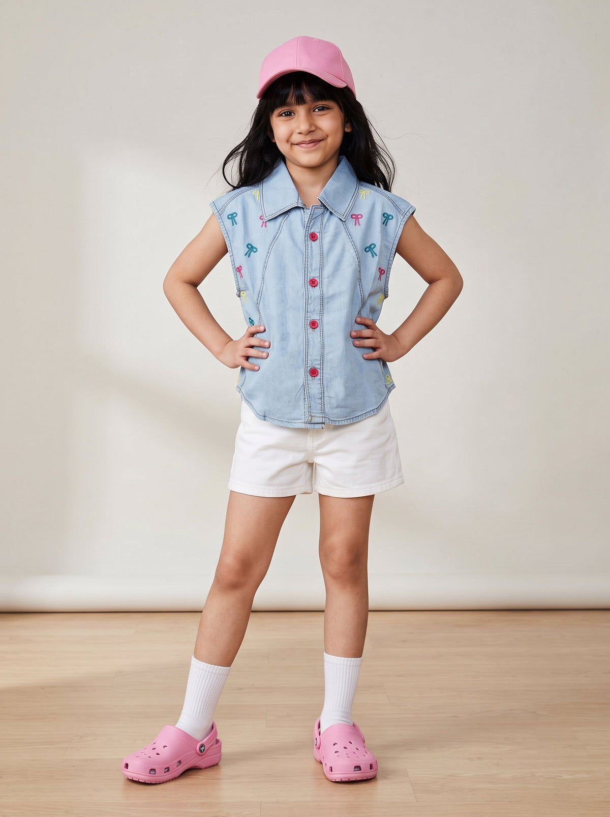 Girls Light Blue Cotton Blend Embroidered Shirt