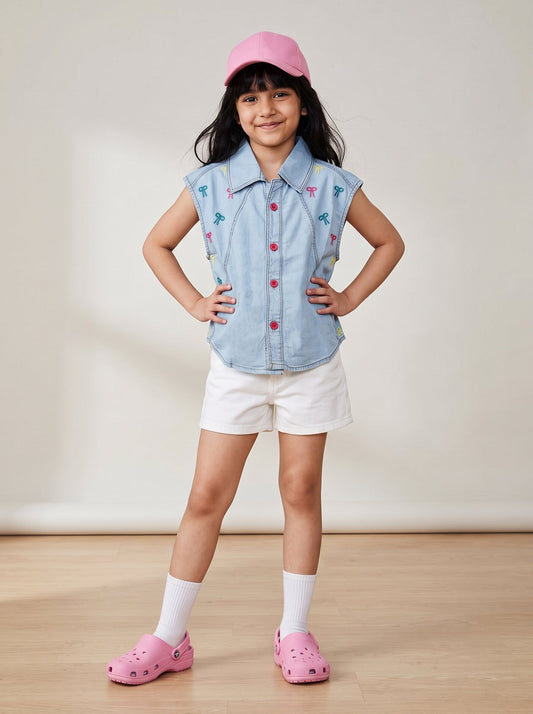 Girls Light Blue Cotton Blend Embroidered Shirt