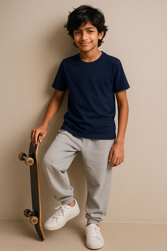 Boys Navy Blue Cotton Solid T-Shirt